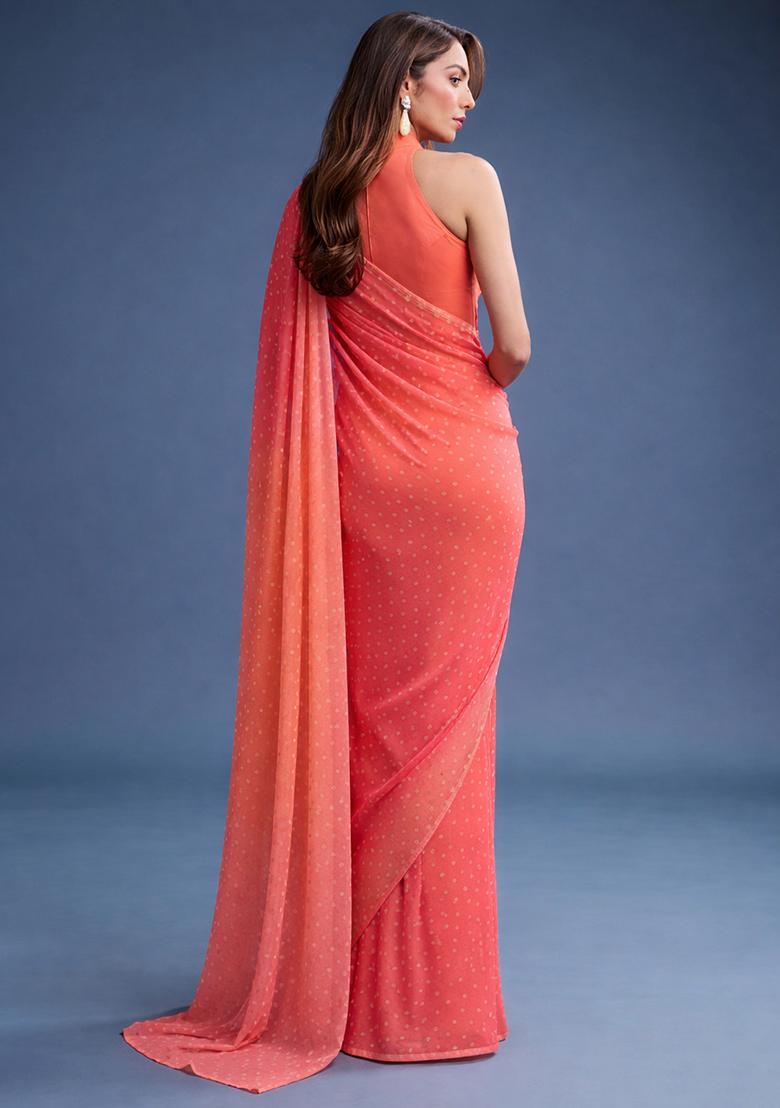 Peach Silk Pre Draped Saree Set - Indya