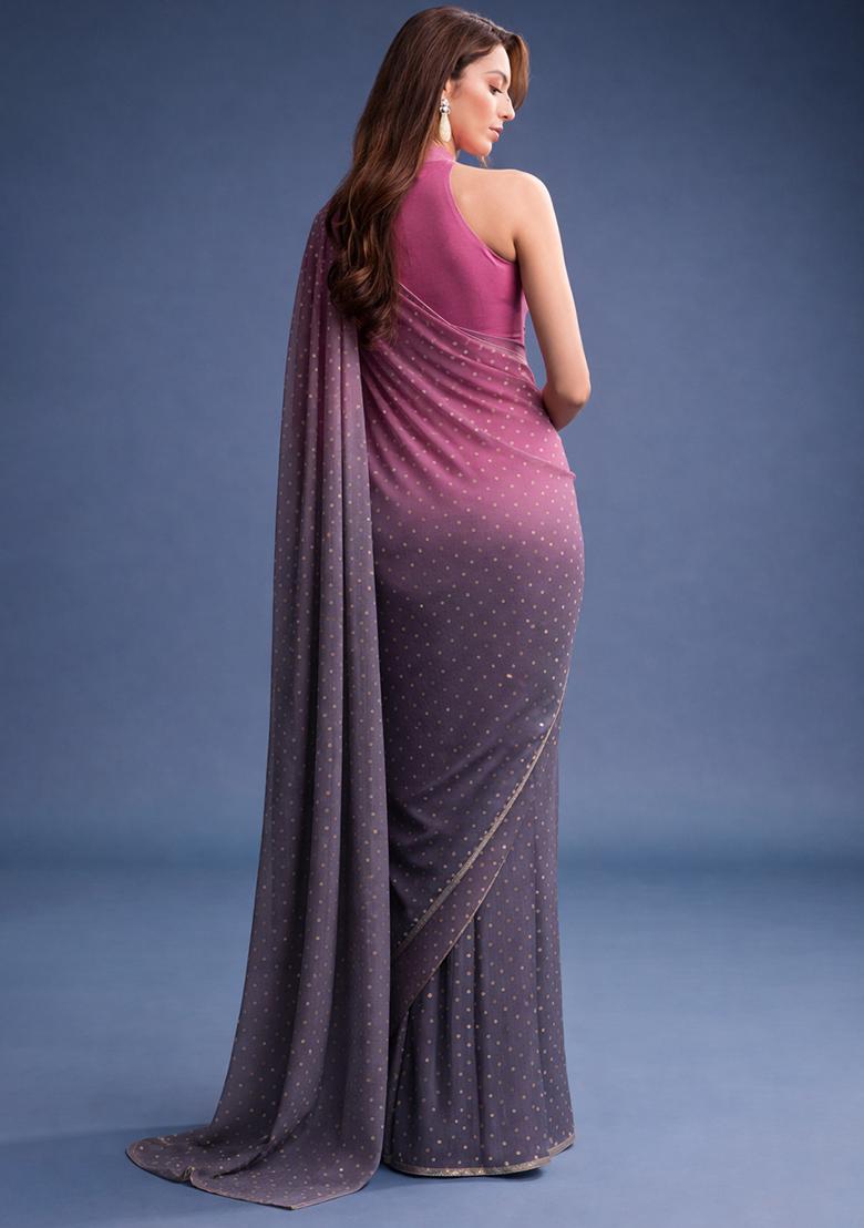 Purple Pink Silk Pre Draped Saree Set - Indya