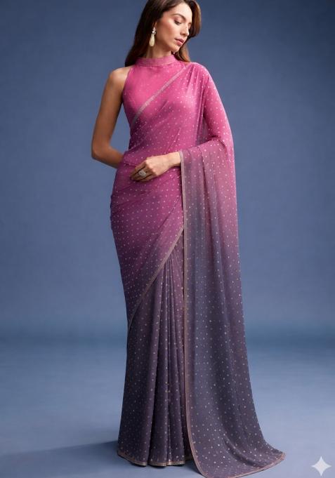 Purple Pink Silk Pre Draped Saree Set