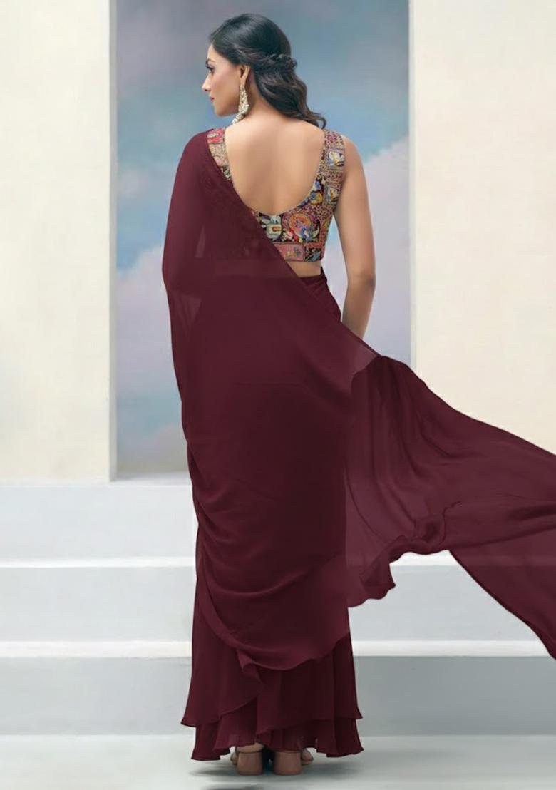 Wine Abstract Print Crepe Pre Draped Saree Set - Indya