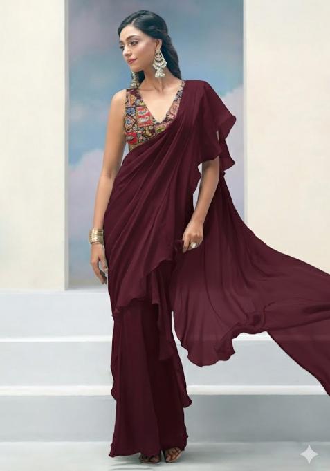 Wine Abstract Print Crepe Pre Draped Saree Set