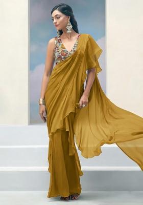 Olive Green Abstract Print Crepe Pre Draped Saree Set