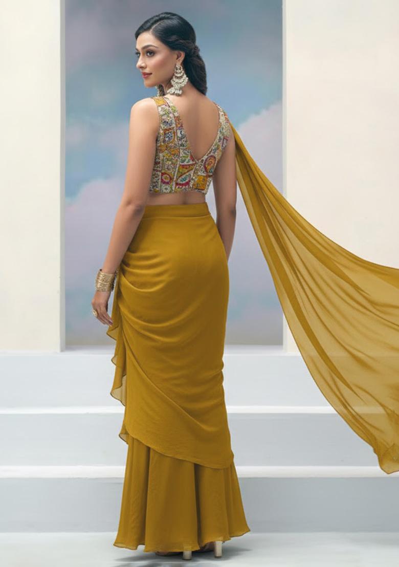 Olive Green Abstract Print Crepe Pre Draped Saree Set - Indya