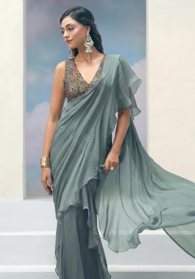 Dusty Teal Abstract Print Crepe Pre Draped Saree Set
