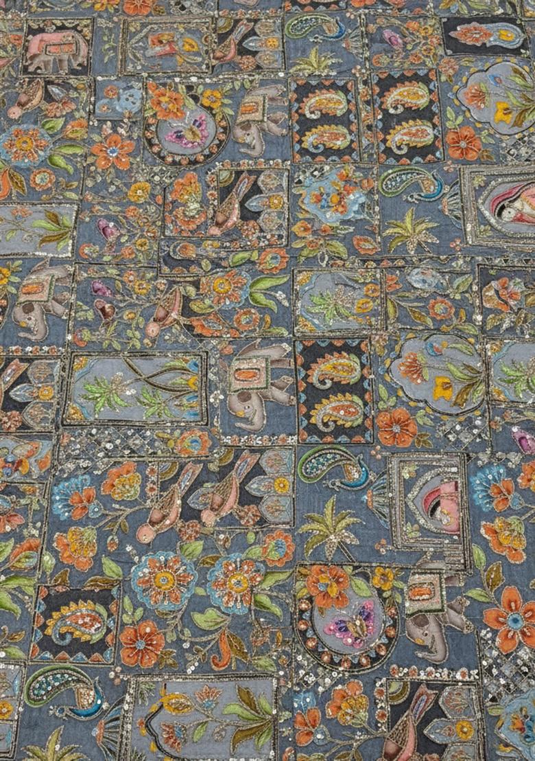 Dusty Teal Abstract Print Crepe Pre Draped Saree Set - Indya