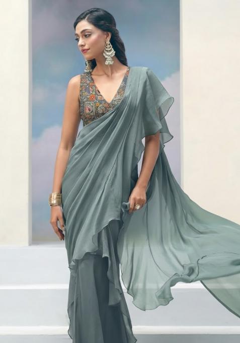 Dusty Teal Abstract Print Crepe Pre Draped Saree Set — view on Indya