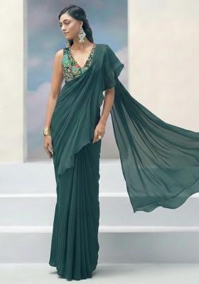 Bottle Green Abstract Print Crepe Pre Draped Saree Set