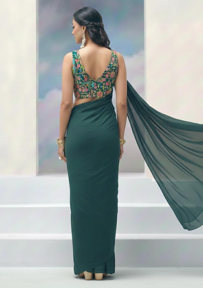 Bottle Green Abstract Print Crepe Pre Draped Saree Set - Indya