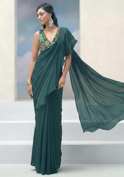 Bottle Green Abstract Print Crepe Pre Draped Saree Set