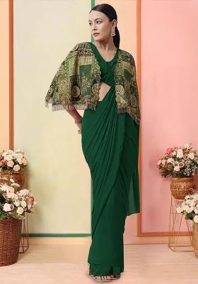 Bottle Green Abstract Print Crepe Pre Draped Saree Set