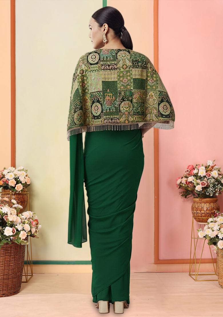 Bottle Green Abstract Print Crepe Pre Draped Saree Set - Indya