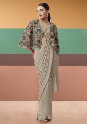 Beige Abstract Print Crepe Pre Draped Saree Set