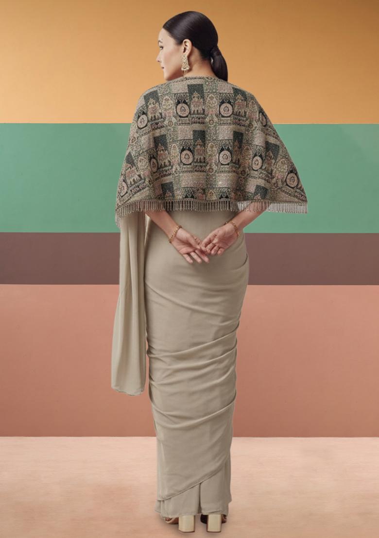 Beige Abstract Print Crepe Pre Draped Saree Set - Indya