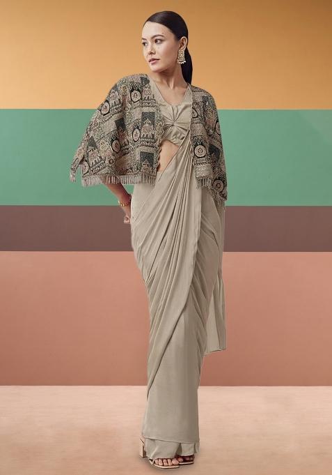 Beige Abstract Print Crepe Pre Draped Saree Set