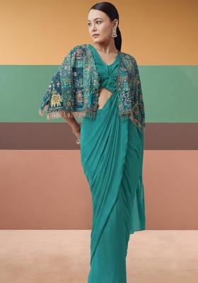Blue Abstract Print Crepe Pre Draped Saree Set