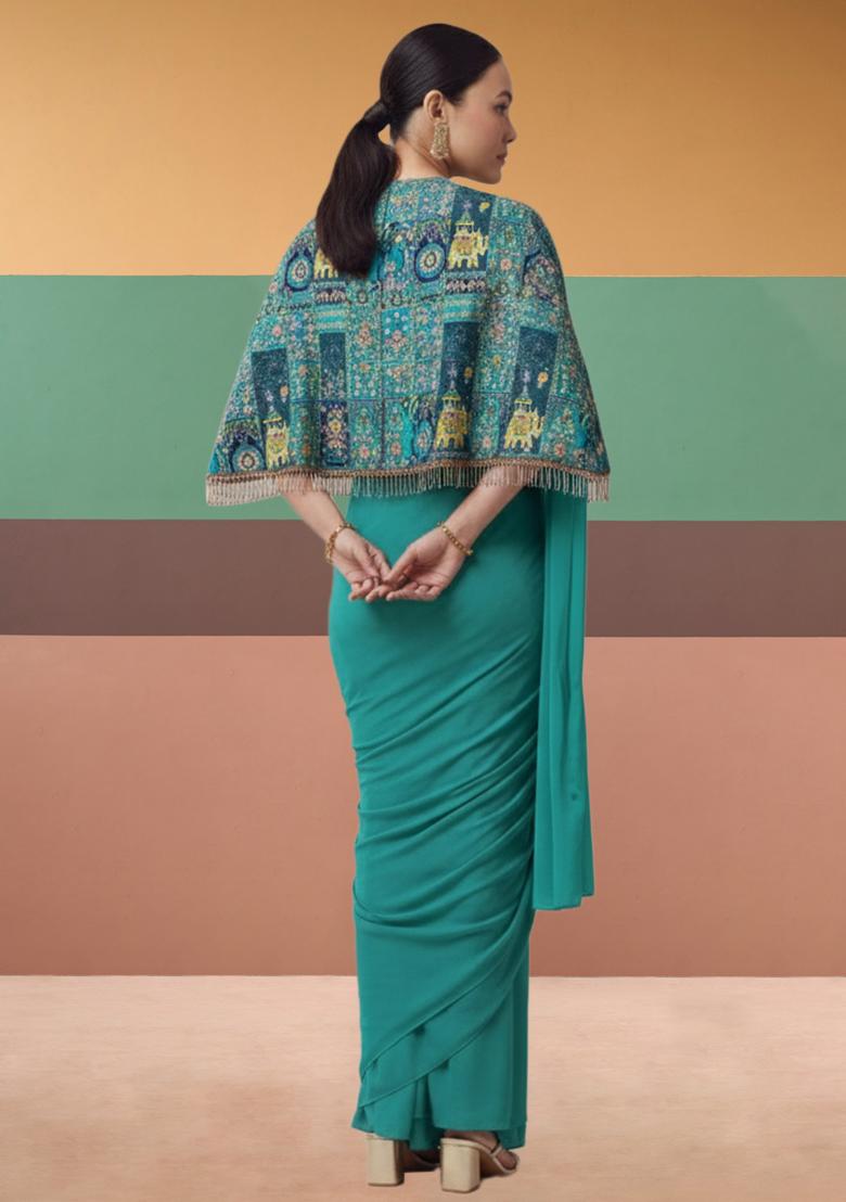 Blue Abstract Print Crepe Pre Draped Saree Set - Indya