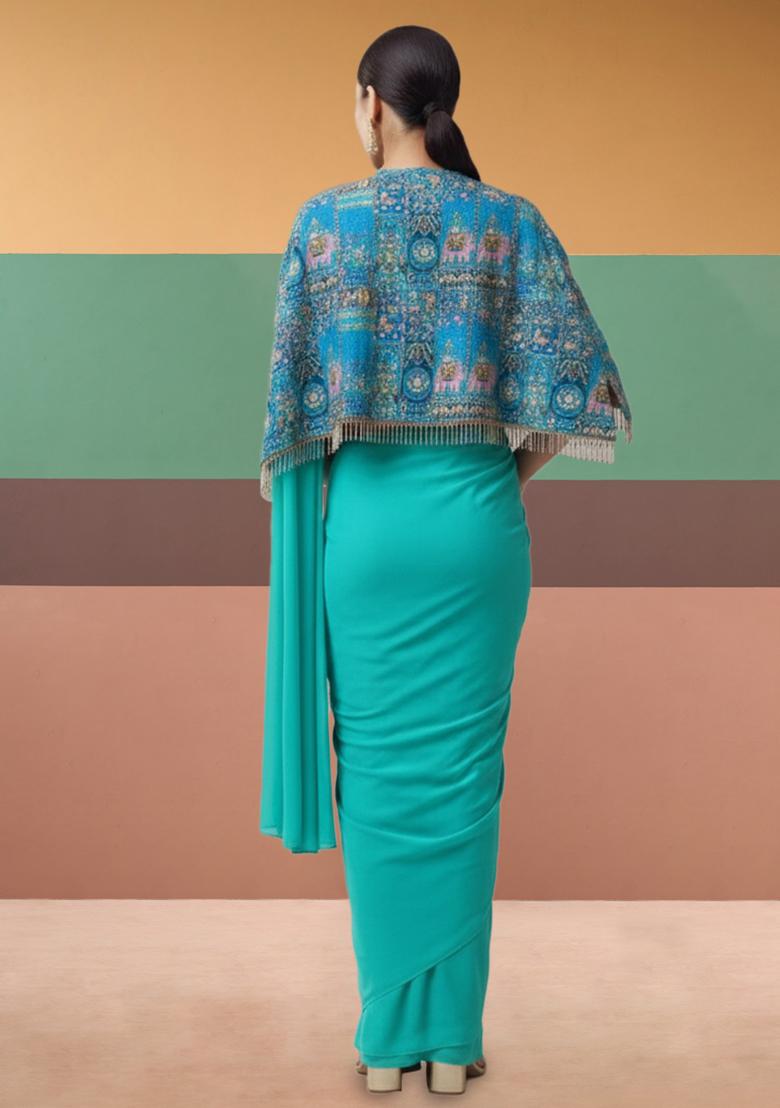 Bright Blue Abstract Print Crepe Pre Draped Saree Set - Indya