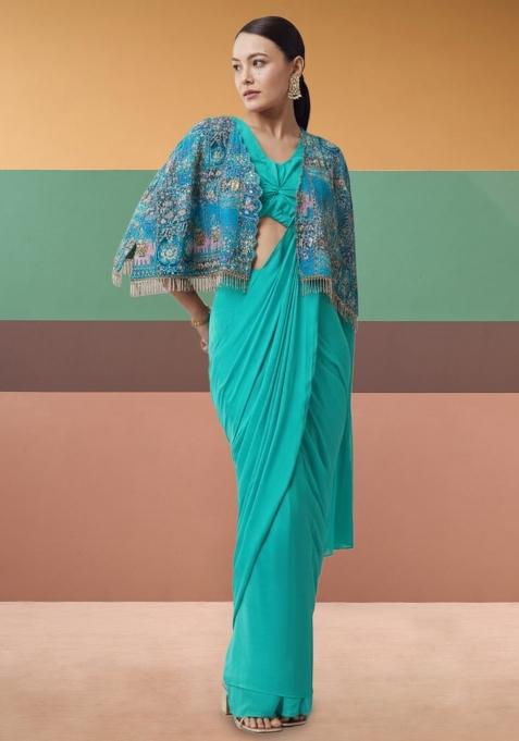 Bright Blue Abstract Print Crepe Pre Draped Saree Set