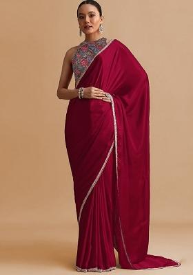 Rani Pink Floral Print Crepe Pre Draped Saree Set