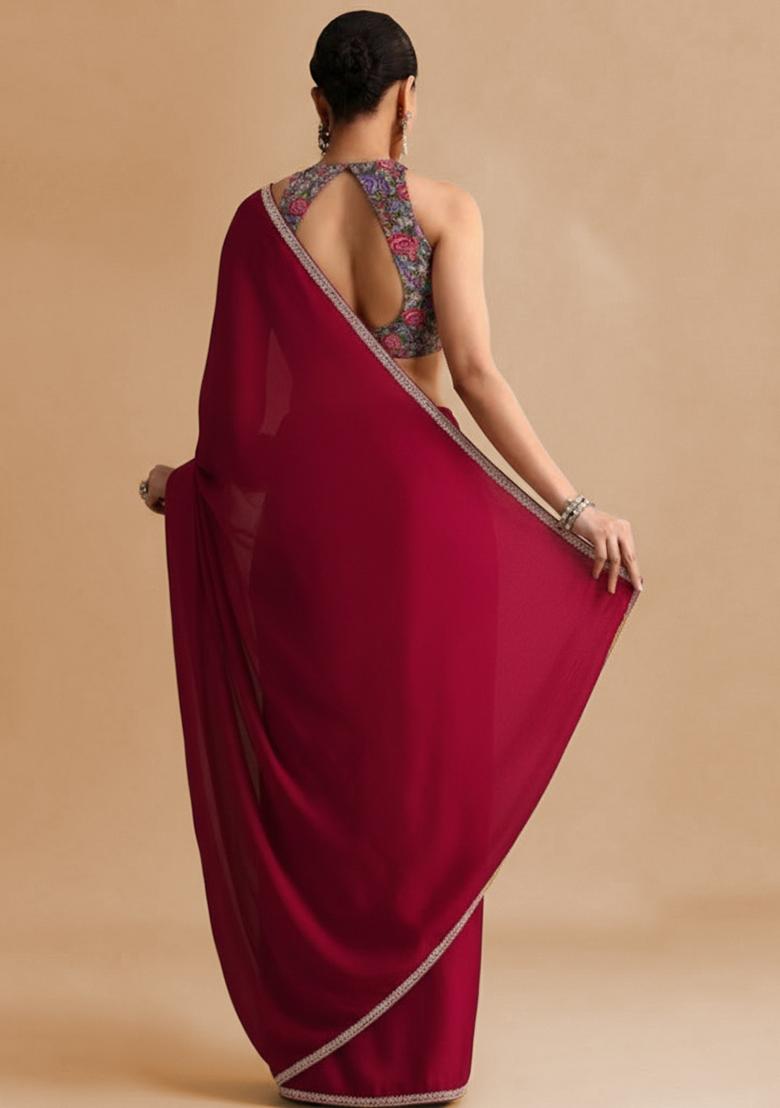 Rani Pink Floral Print Crepe Pre Draped Saree Set - Indya