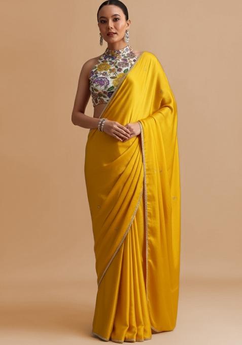 Yellow Floral Print Crepe Pre Draped Saree Set