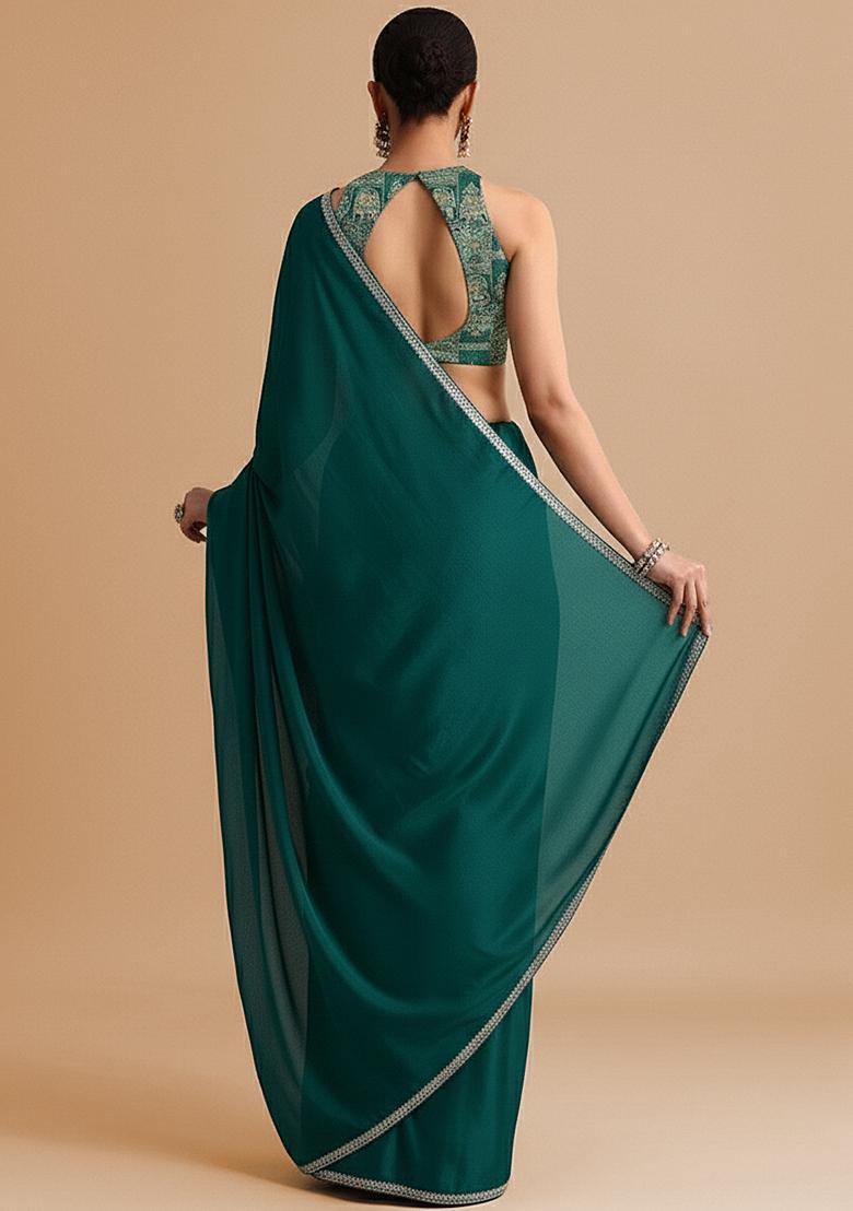 Teal Green Abstract Print Crepe Pre Draped Saree Set - Indya