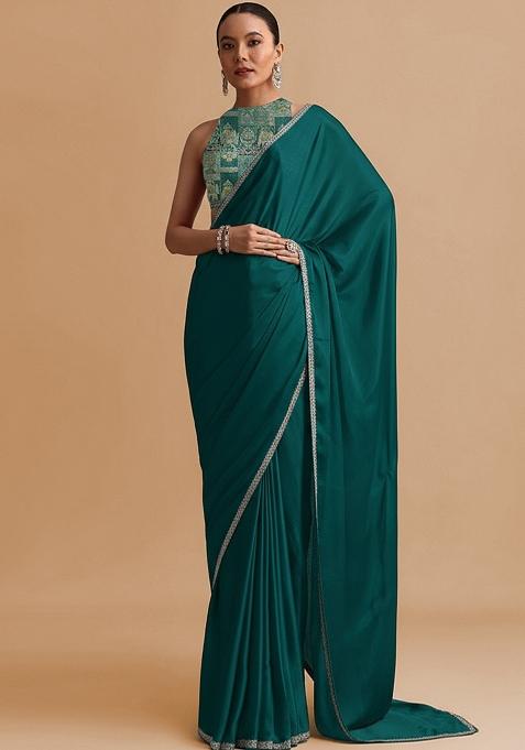 Teal Green Abstract Print Crepe Pre Draped Saree Set