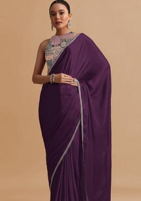 Purple Abstract Print Crepe Pre Draped Saree Set
