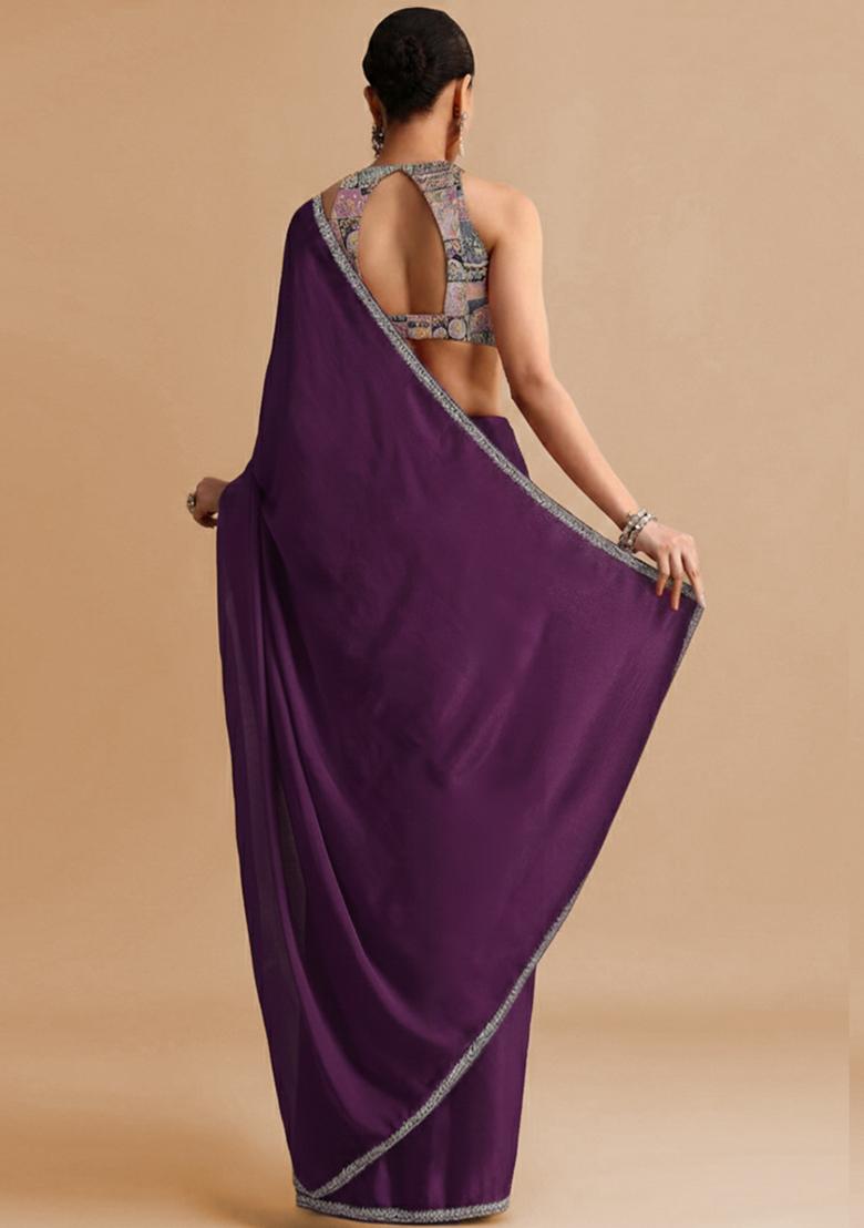 Purple Abstract Print Crepe Pre Draped Saree Set - Indya