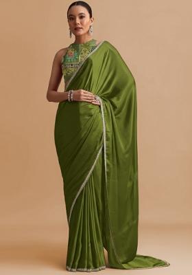 Olive Green Abstract Print Crepe Pre Draped Saree Set