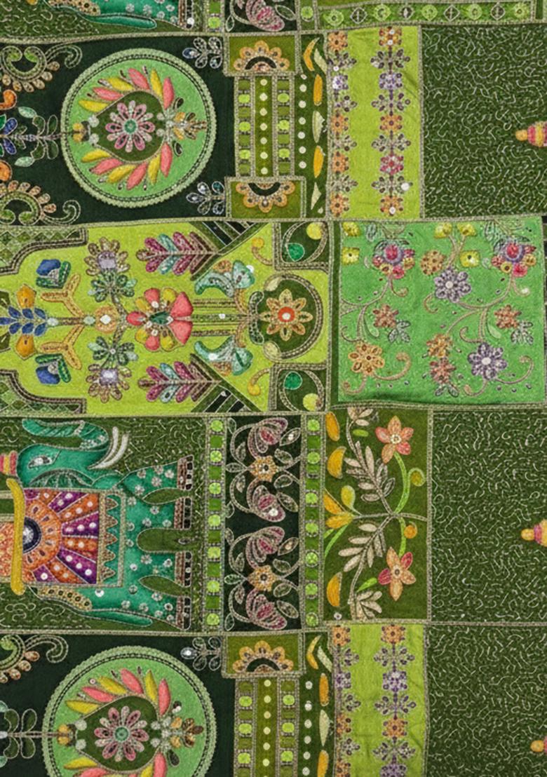 Olive Green Abstract Print Crepe Pre Draped Saree Set - Indya