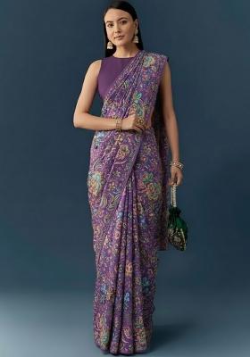Purple Floral Print Chinon Pre Draped Saree Set