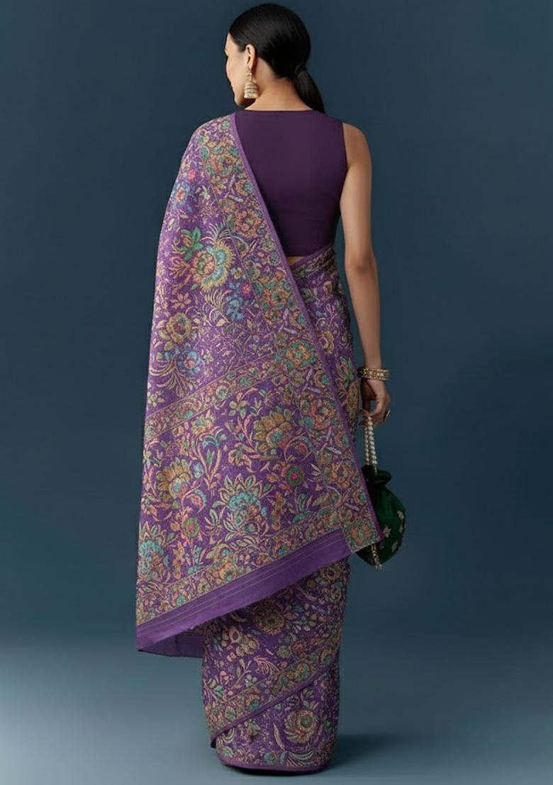 Purple Floral Print Chinon Pre Draped Saree Set - Indya