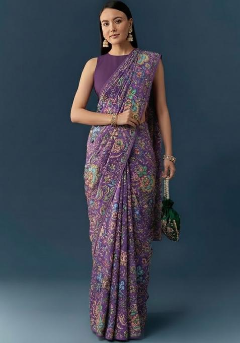 Purple Floral Print Chinon Pre Draped Saree Set