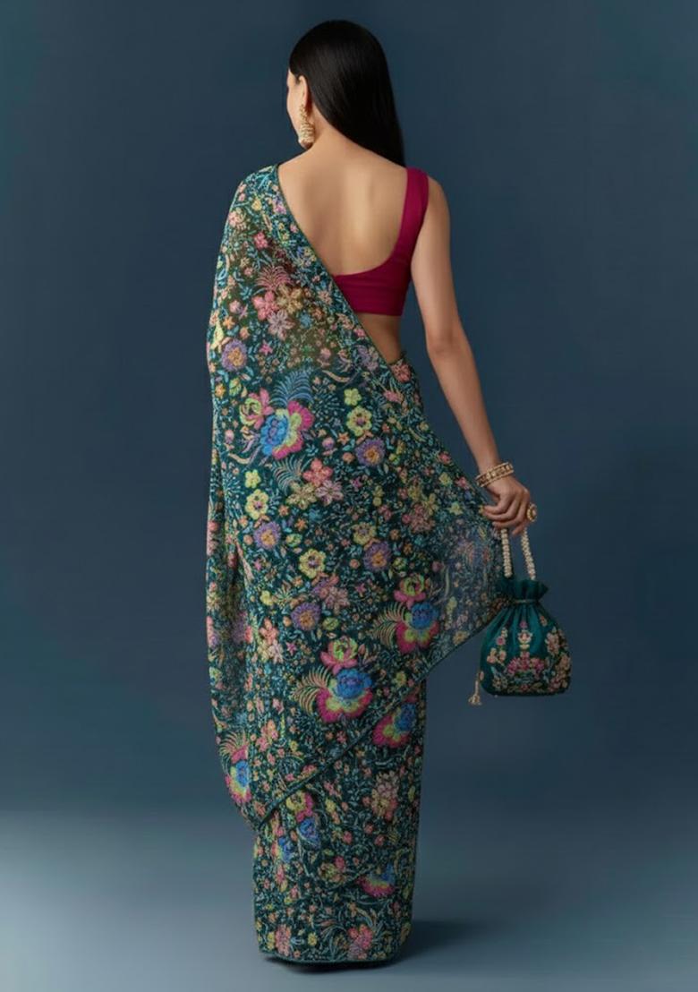 Bottle Green Floral Print Chinon Pre Draped Saree Set - Indya