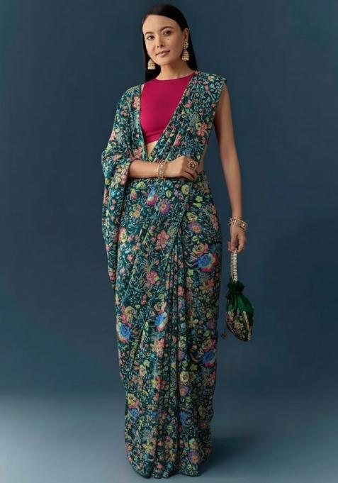 Bottle Green Floral Print Chinon Pre Draped Saree Set