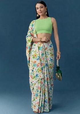 White Floral Print Chinon Pre Draped Saree Set
