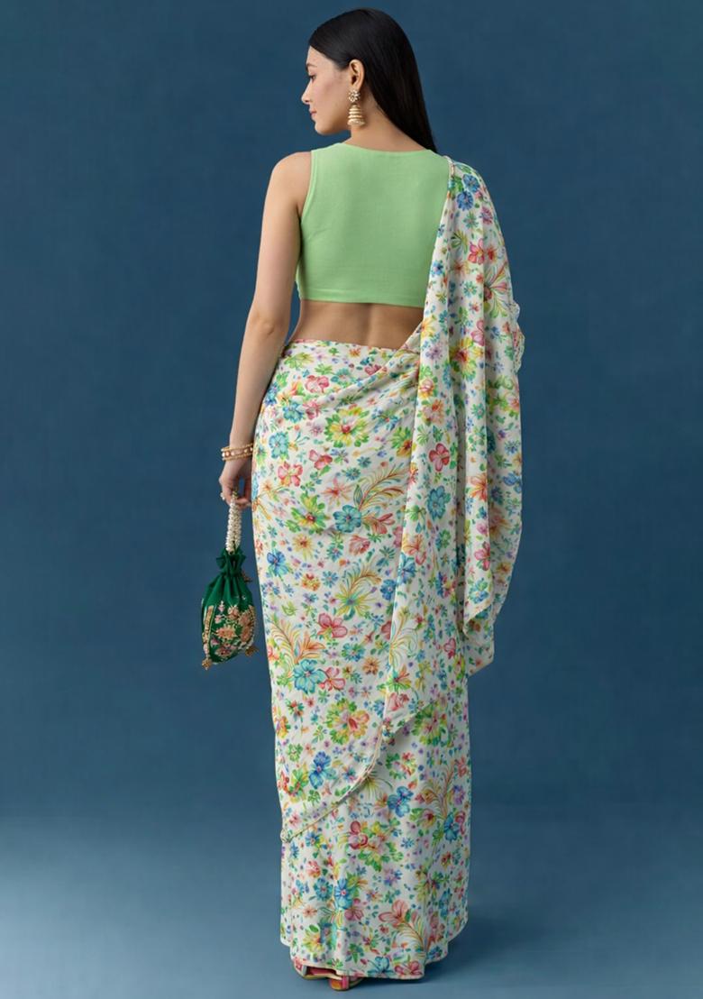 White Floral Print Chinon Pre Draped Saree Set - Indya