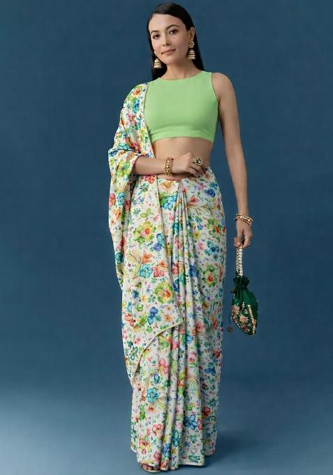 White Floral Print Chinon Pre Draped Saree Set