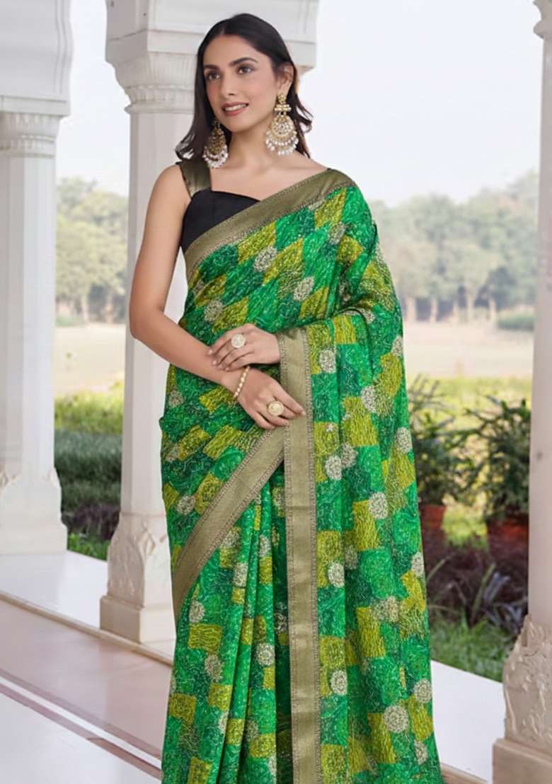 Green Bandhani Print Crepe Pre Draped Saree Set - Indya