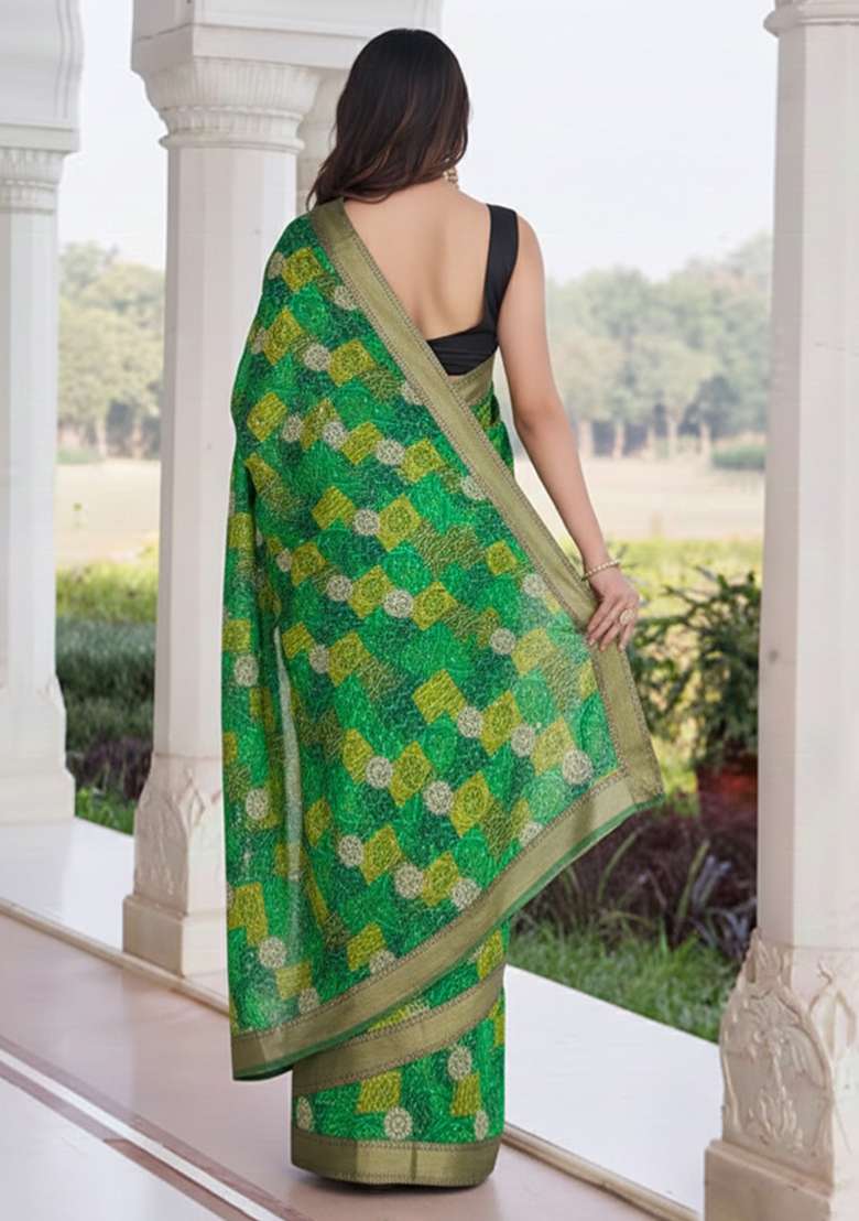Green Bandhani Print Crepe Pre Draped Saree Set - Indya
