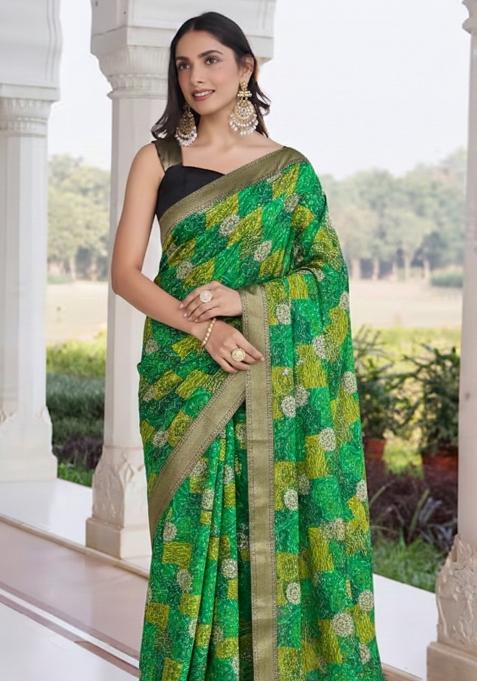 Green Bandhani Print Crepe Pre Draped Saree Set