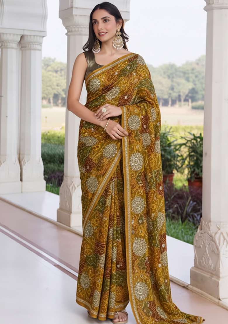 Mustard Bandhani Print Crepe Pre Draped Saree Set - Indya