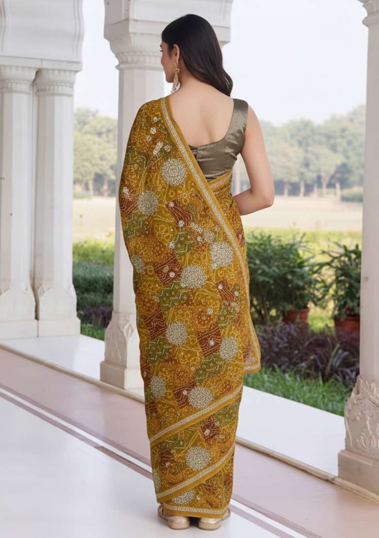 Mustard Bandhani Print Crepe Pre Draped Saree Set - Indya