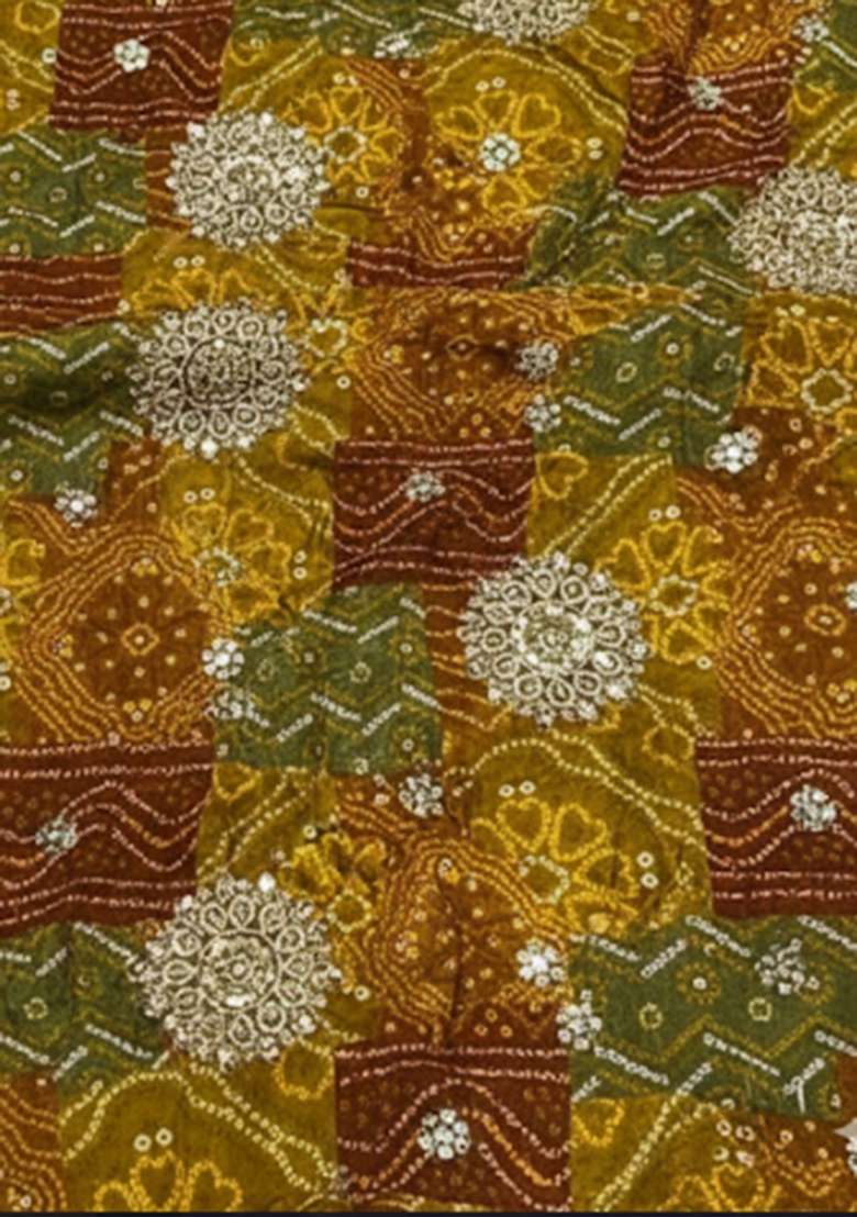 Mustard Bandhani Print Crepe Pre Draped Saree Set - Indya