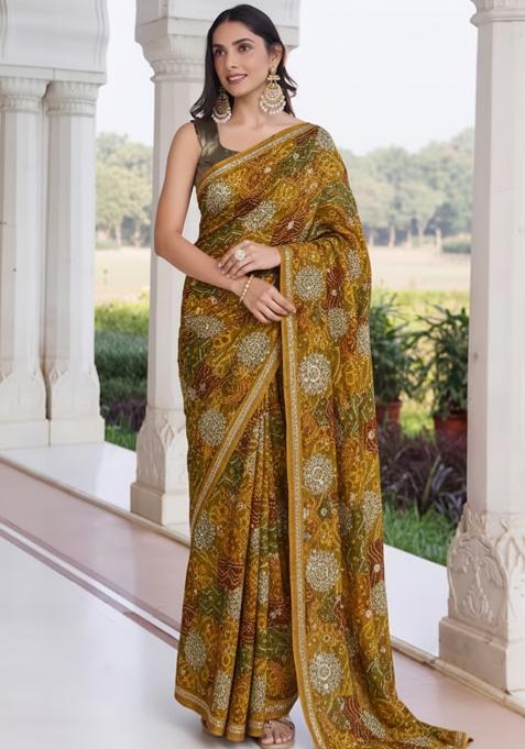 Mustard Bandhani Print Crepe Pre Draped Saree Set