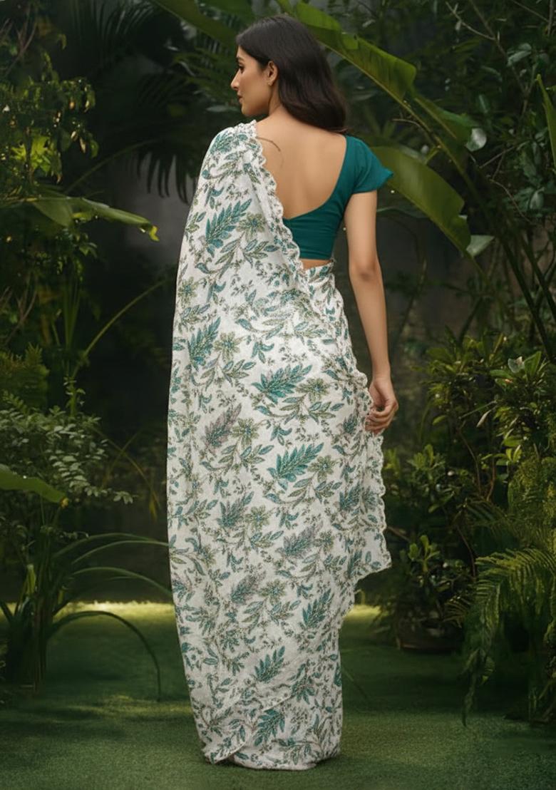 Deep Teal Floral Print Crepe Pre Draped Saree Set - Indya