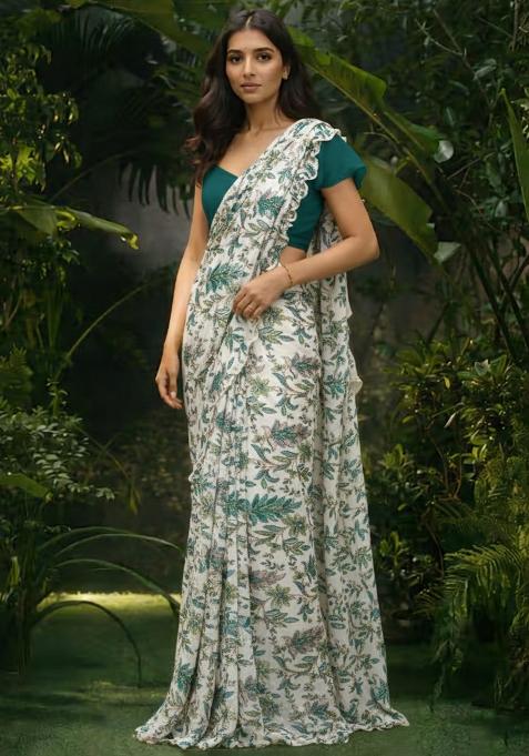 Deep Teal Floral Print Crepe Pre Draped Saree Set