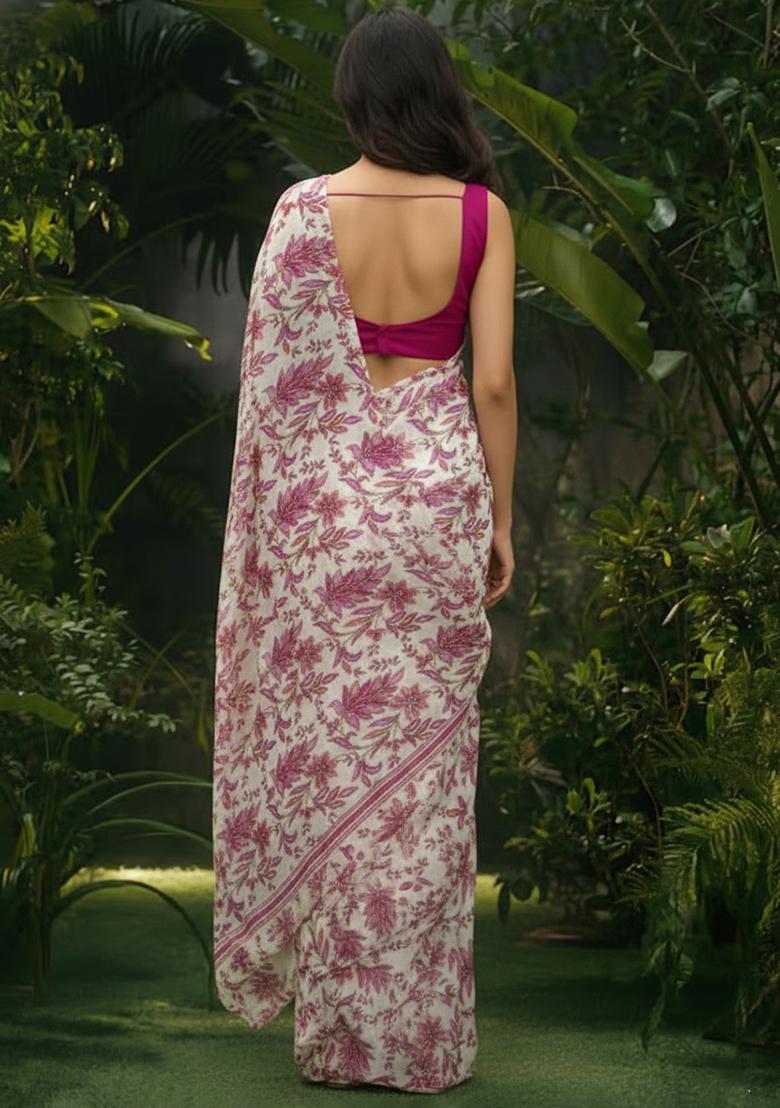 Rani Pink Floral Print Crepe Pre Draped Saree Set - Indya