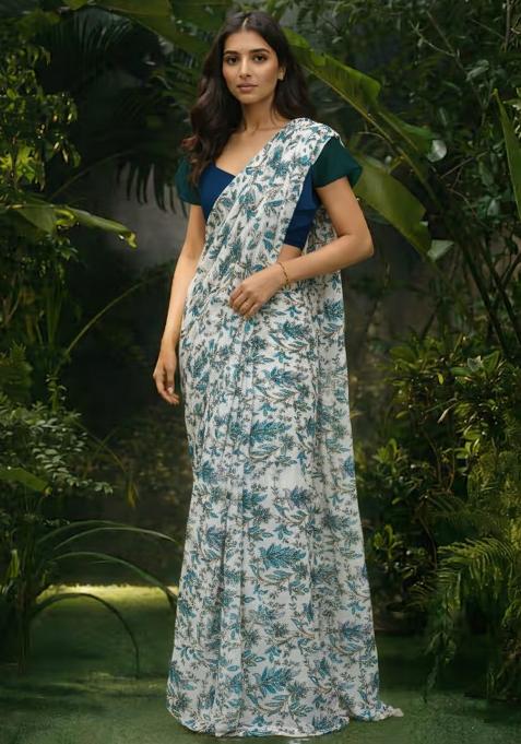 Blue Floral Print Crepe Pre Draped Saree Set
